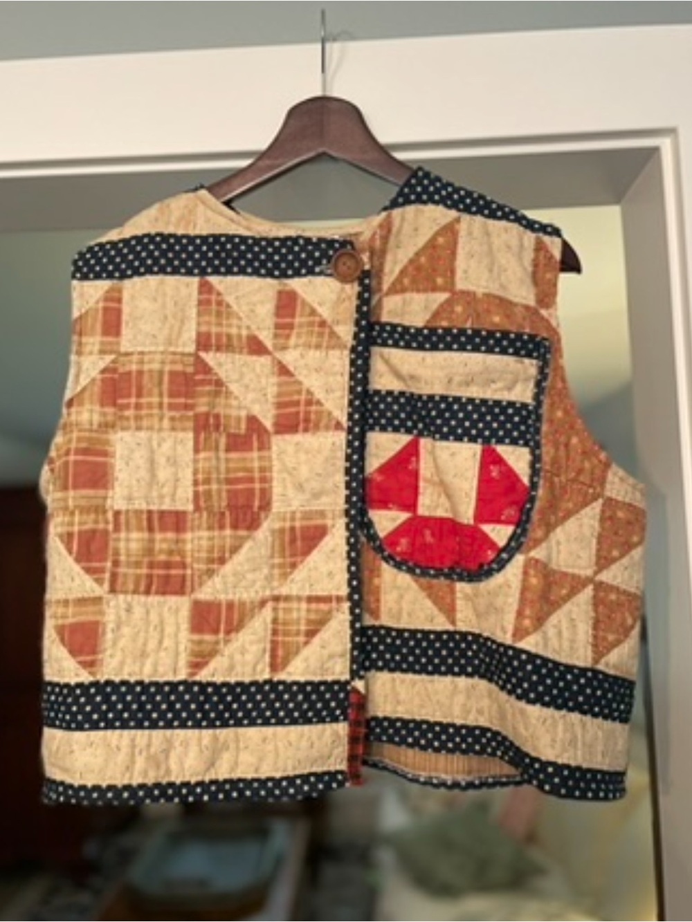 Handmade Quilted Patchwork Vest with Navy Polka Dot Trim